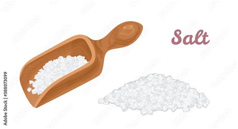 Salt in wooden scoop and pile of salt isolated on white background. Vector cartoon flat ...