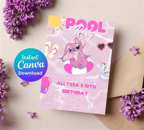 Stitch Angel Pool Party Birthday Invitation Stitch And Etsy