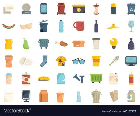 Waste Icons Set Flat Garbage Food Royalty Free Vector Image