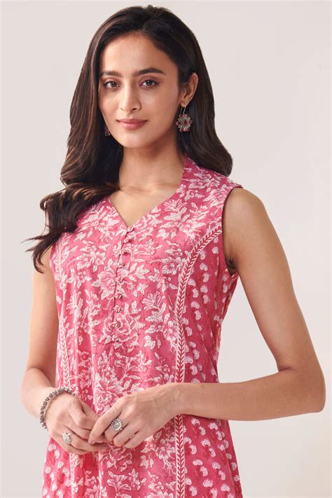 Buy Pink Hand Block Printed A Line Cotton Kurta For Women Fgmk