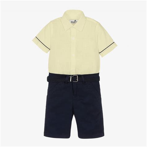 Beau Kid Boys Yellow Shirt And Navy Blue Shorts Set Childrensalon