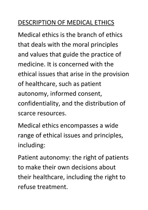 Medical Ethics Description Of Medical Ethics Medical Ethics Is The