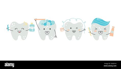 Illustration Featuring Kawaii Style Tooth Characters Holding Dental