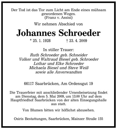 Traueranzeigen Von Johannes Schroeder Saarbruecker Zeitung Trauer De