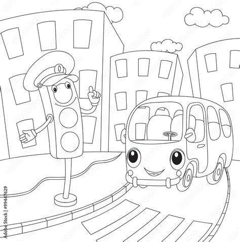 Cartoon bus and traffic lights. Coloring book for kids Stock Vector ...