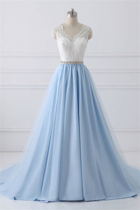 A Line V Neck Lace Top Sky Blue Tulle Satin Wedding Dresses With Sash