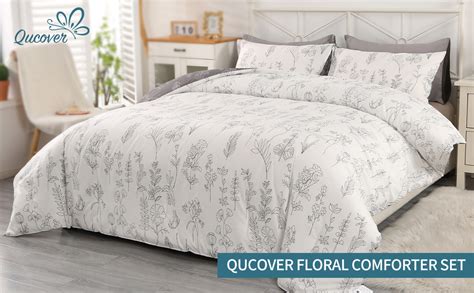 Qucover 3 Piece Comforter King Size Reversible Gray And White Floral