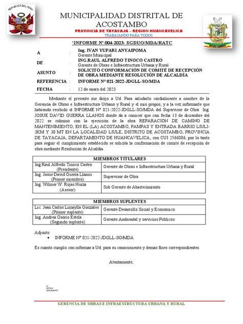 Informe N°004 2023 Solicito Conformacion De Comite De Recepcion De Obra