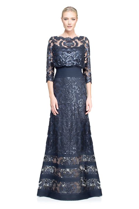 Tadashi Shoji Blouson Waist Paillette Embroidered Lace Gown In Blue