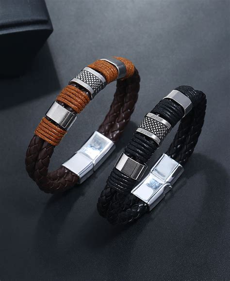 Men S Fashion Double Rope Leather Bracelet Black Seli