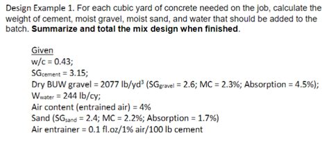 [Solved] . Design Example 1. For each cubic yard of concrete needed on the... | Course Hero