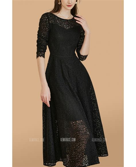 Vintage Tea Length Lace Wedding Guest Dress With Long Sleeves E86057