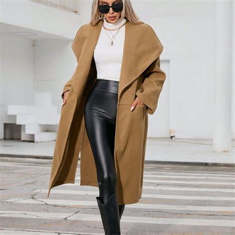 Chic Waterfall Collar Slant Pocket Overcoat Khaki