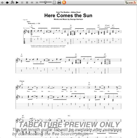 The Beatles Here Comes The Sun Guitar Tab Free Beatles Guitar Tabs