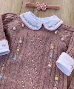 Saída maternidade Tricot bebê menina Nina tricô Rosa Nude bordado