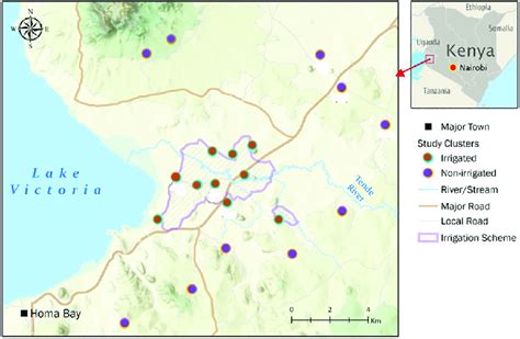 Map of the Homa Bay study site showing the sampling areas (colored) in ...