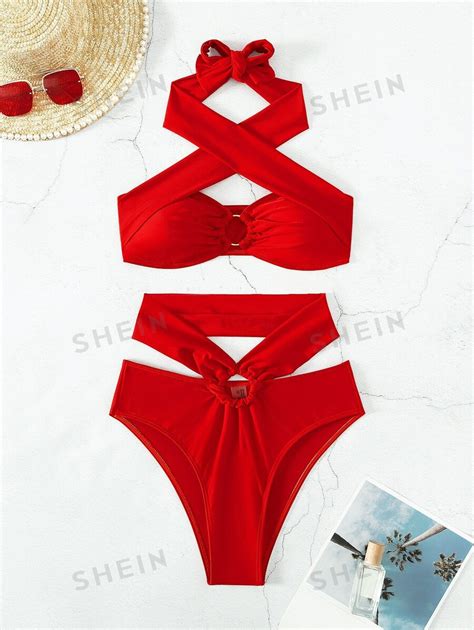 SHEIN Swim Summer Beach Mono Bikini Set O Ring Criss Cross Halter Top