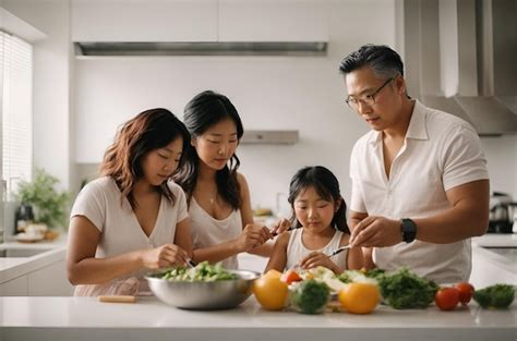 Familia asiática cocinando y compartiendo tiempo en familia Foto Premium