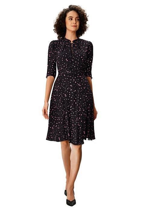 Shop Puff Sleeve Polka Dot Print Crepe Belted Dress Eshakti