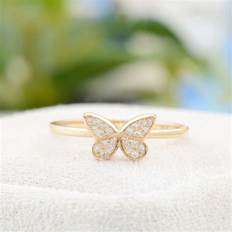 Diamond Solid Gold Butterfly Ring Solid Gold Diamond Handmade Stacking