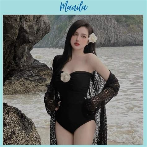 Jumpsuit nữ đi biển Set bikini bodysuit màu đen 2 dây viền bèo trắng CÓ ÁO KHOÁC CHOÀNG ren lưới