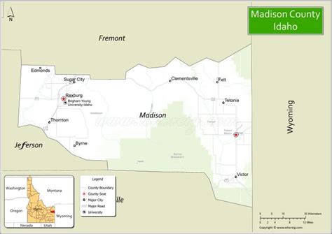 A Map Of Madison County Idaho With The Towns And Roads Highlighted In