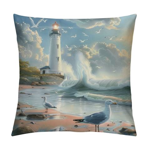 GOSMITH Beach Lighthouse Seagull Square Decorative Throw Pillow Covers