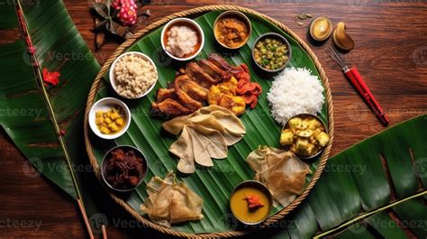 Kerala festival Happy Onam background with traditional food served on
