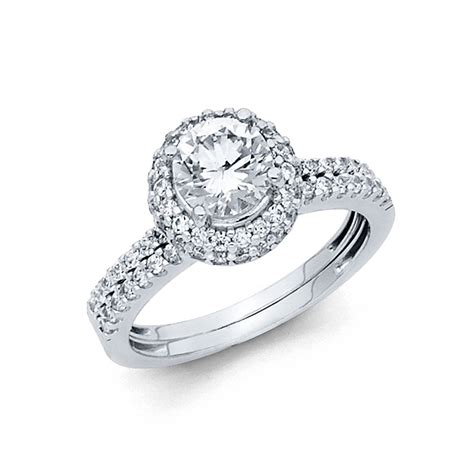 Solid 14k White Gold Round Cubic Zirconia Cz Wedding Band And Engagement Bridal Ring Two Piece