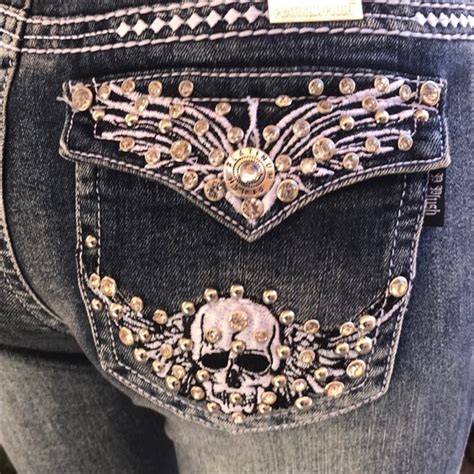 Platinum Plush Jeans Ladies Rhinestone Pocket Skull Bootcut Denim