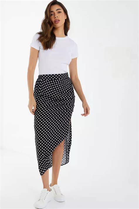 Black Polka Dot Ruched Midi Skirt Quiz Clothing