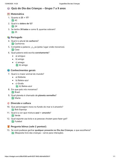Perguntas Para Criancas De 7 Anos - Quiz Interativo para Crianças 7-9 Anos | PDF