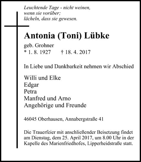 Traueranzeigen von Antonia Lübke Trauer in NRW de