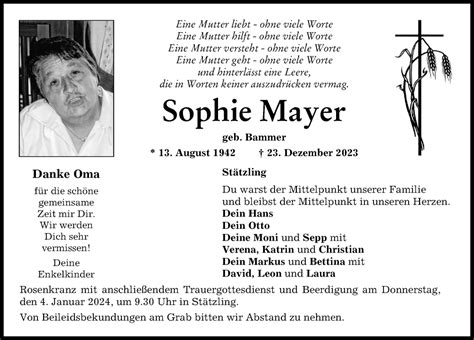 Traueranzeigen Von Sophie Mayer Augsburger Allgemeine Zeitung