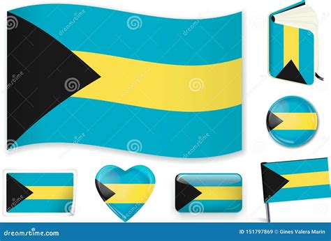 Bahamas Flag Wave Book Circle Pin Button Heart And Sticker Stock