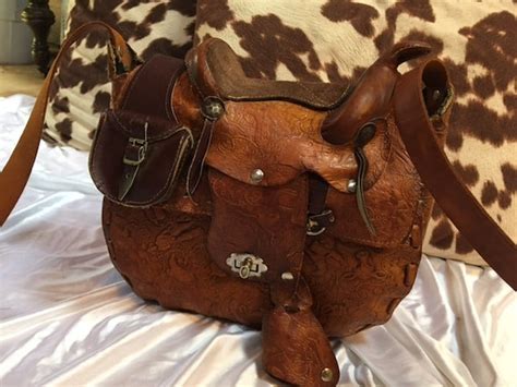 Vintage S Hand Tooled Leather Saddle Purse With Gem