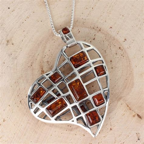 Large Honey Baltic Amber Heart Sterling Silver Heart Pendant