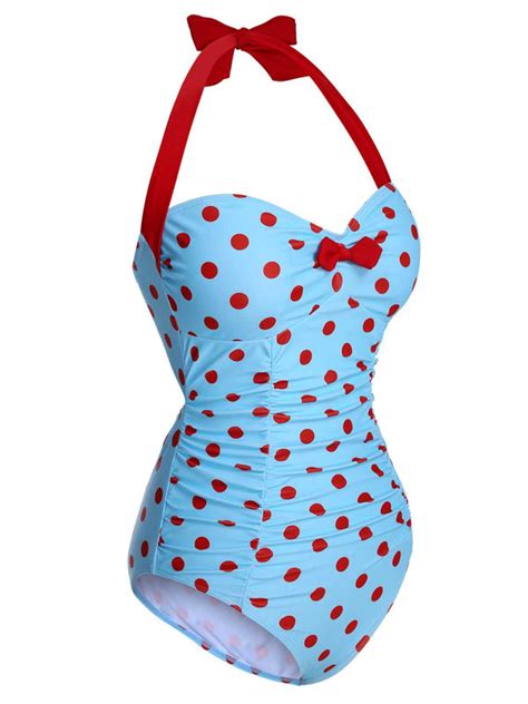 1940s Halter Contrast Polka Dots One Piece Swimsuit Retro Stage