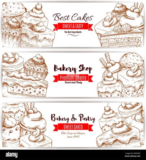 Pastry Banners Set Of Vector Sketch Desserts Sweets Fruit Cakes