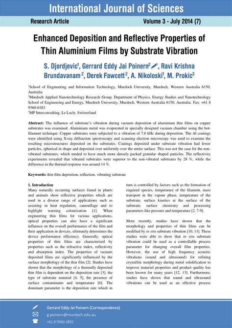 Pdf Enhanced Deposition And Reflective Properties Of Thin Aluminium Films By Substrate Vibration