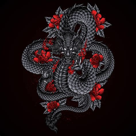 Premium Vector | Black dragon with red flower vector illustration