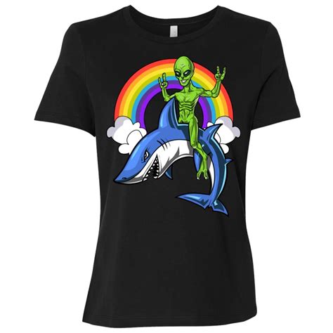 Space Alien Riding Shark Ocean Rainbow Women Short Sleeve T Shirt