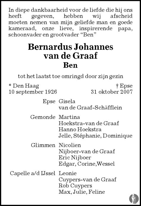 Bernardus Johannes Ben Van De Graaf 31 10 2007 Overlijdensbericht En