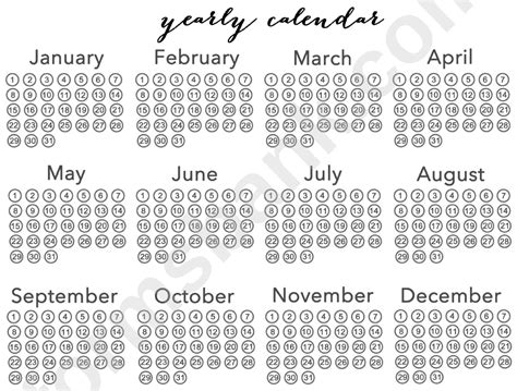 Large Blank Yearly Calendar Template printable pdf download