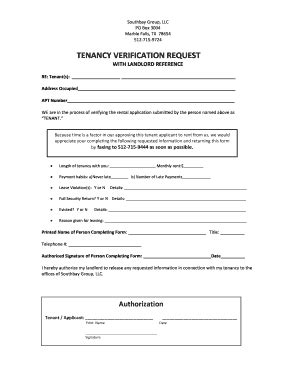 Fillable Online Tenancy Verification Request Southbay Group Fax Email