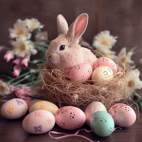 Premium AI Image Realistic Easter Bunny In Nest With Colorful Easter