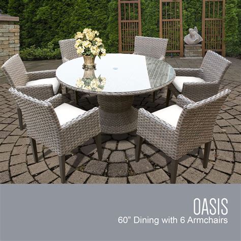 Oasis 60 Round Glass Top Patio Dining Table With 6 Dining Chairs In Sail White