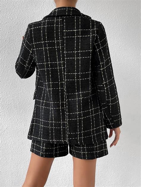 SHEIN Frenchy Plaid Pattern Double Breasted Blazer Shorts SHEIN UK