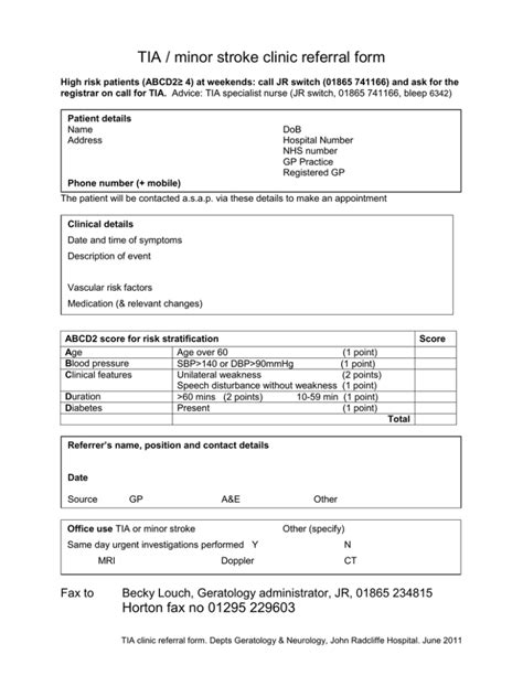 TIA Minor Stroke Clinic Referral Form