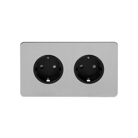 Double Schuko Socket Brushed Chrome Flat Plate 16A 2 Gang Euro Socket